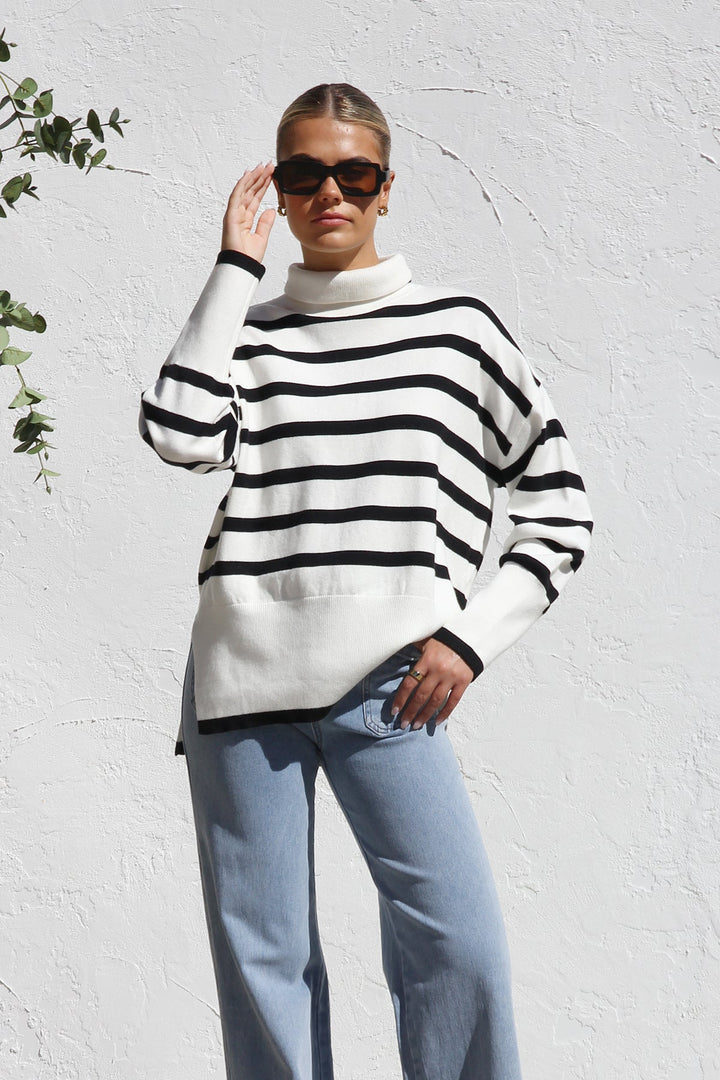 Women's Oversized Striped High Neck Sweater - Runa
