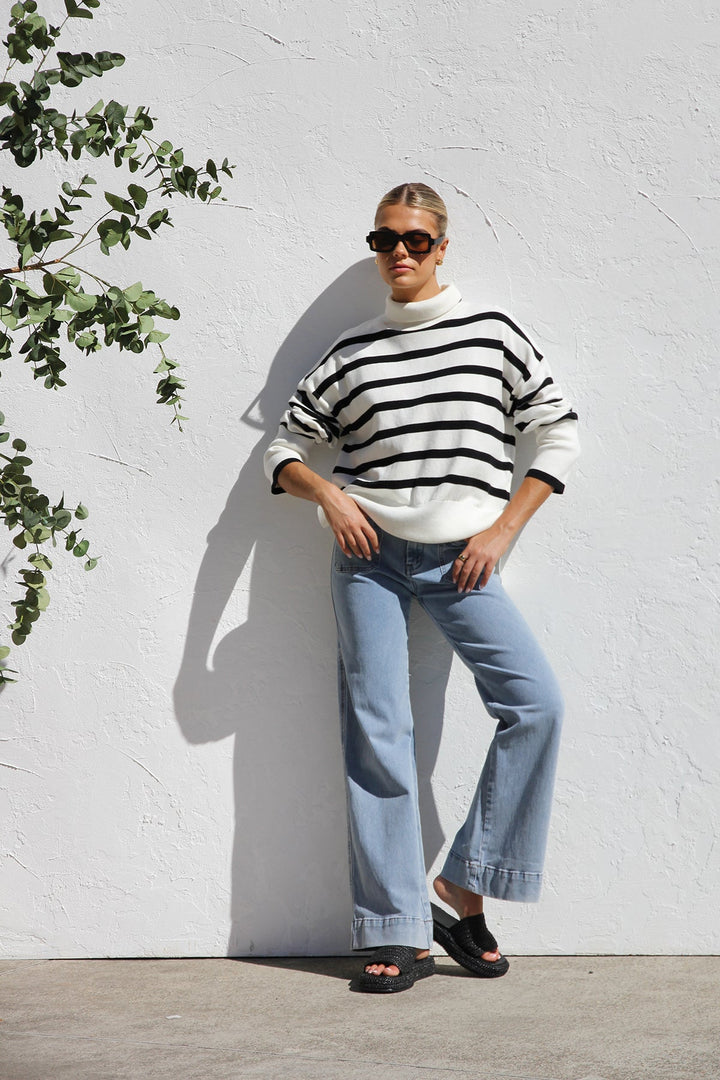 Women's Oversized Striped High Neck Sweater - Runa