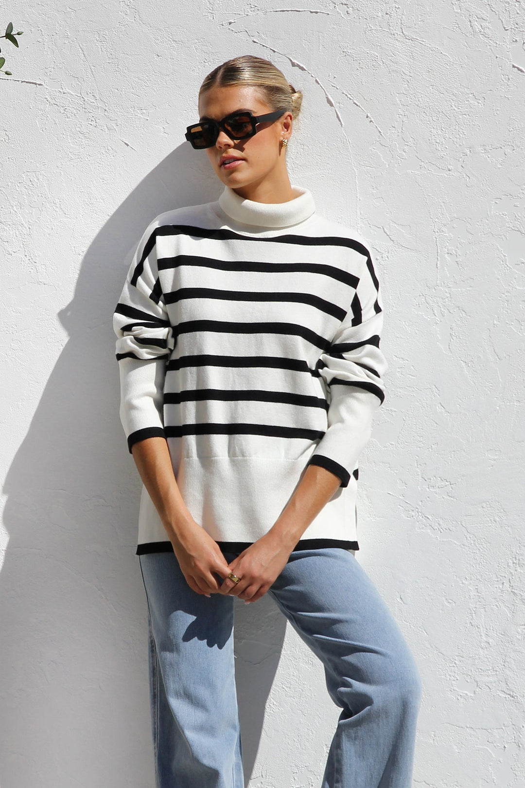 Women's Oversized Striped High Neck Sweater - Runa