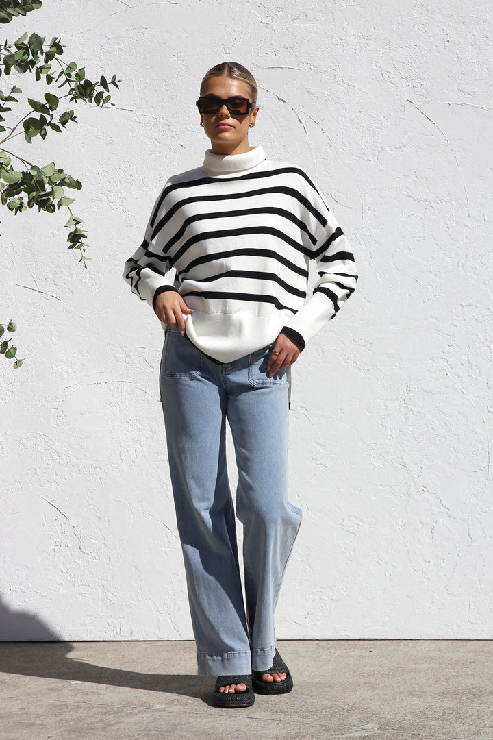 Women's Oversized Striped High Neck Sweater - Runa