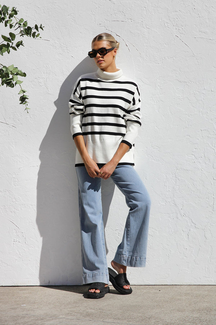 Women's Oversized Striped High Neck Sweater - Runa