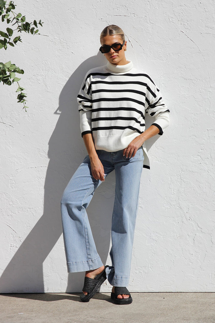Women's Oversized Striped High Neck Sweater - Runa