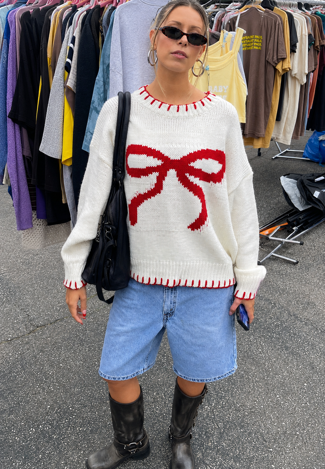 Oversized Jacquard Knit Sweater with Bow - Conny