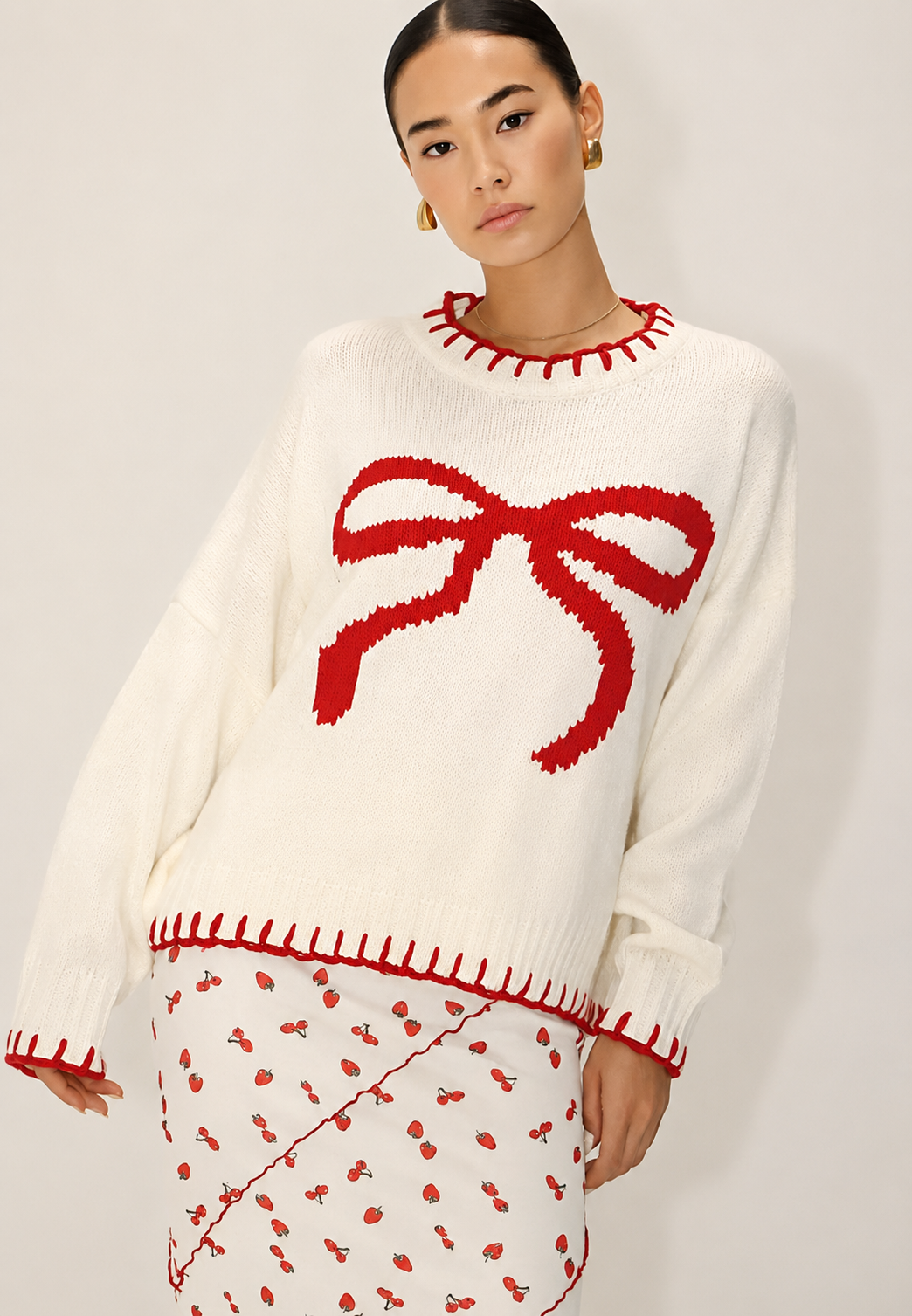 Oversized Jacquard Knit Sweater with Bow - Conny