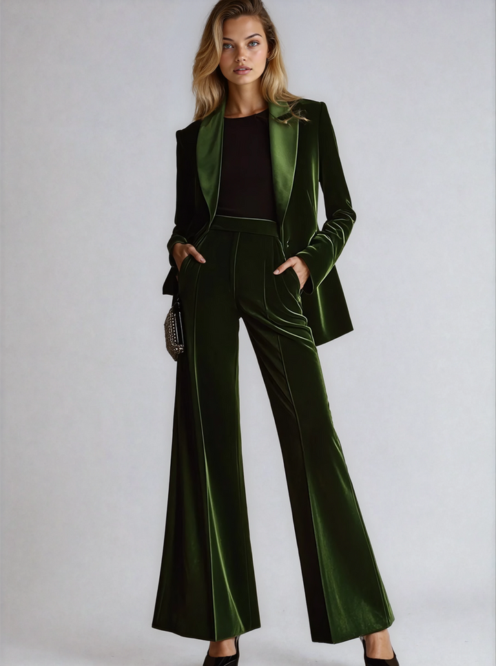 Velvet Green Elegant Women's Suit Blazer & Wide Pants - Elena Harper