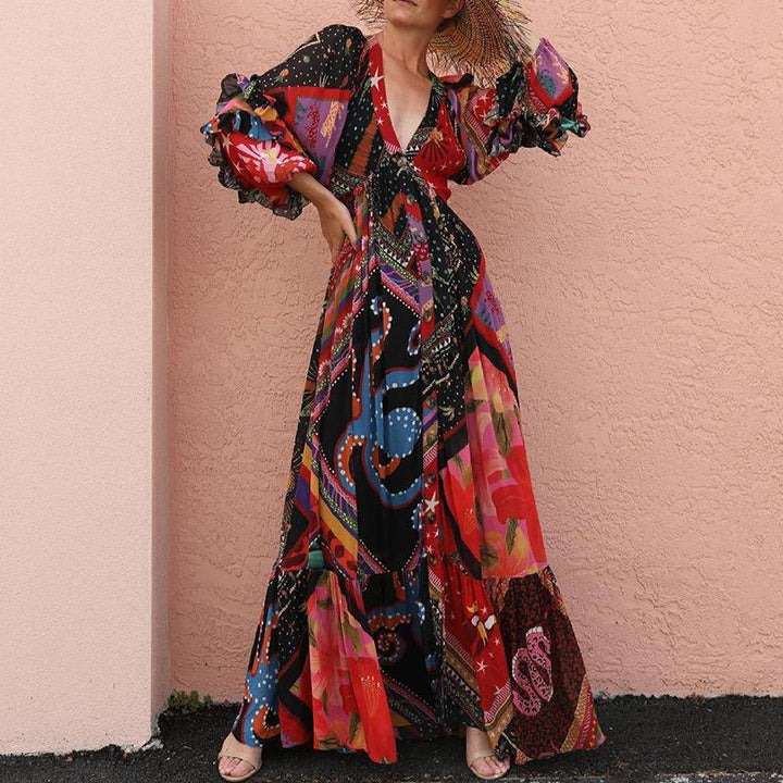 Borisa - Bohemian dress with V-neck and patchwork ruffle