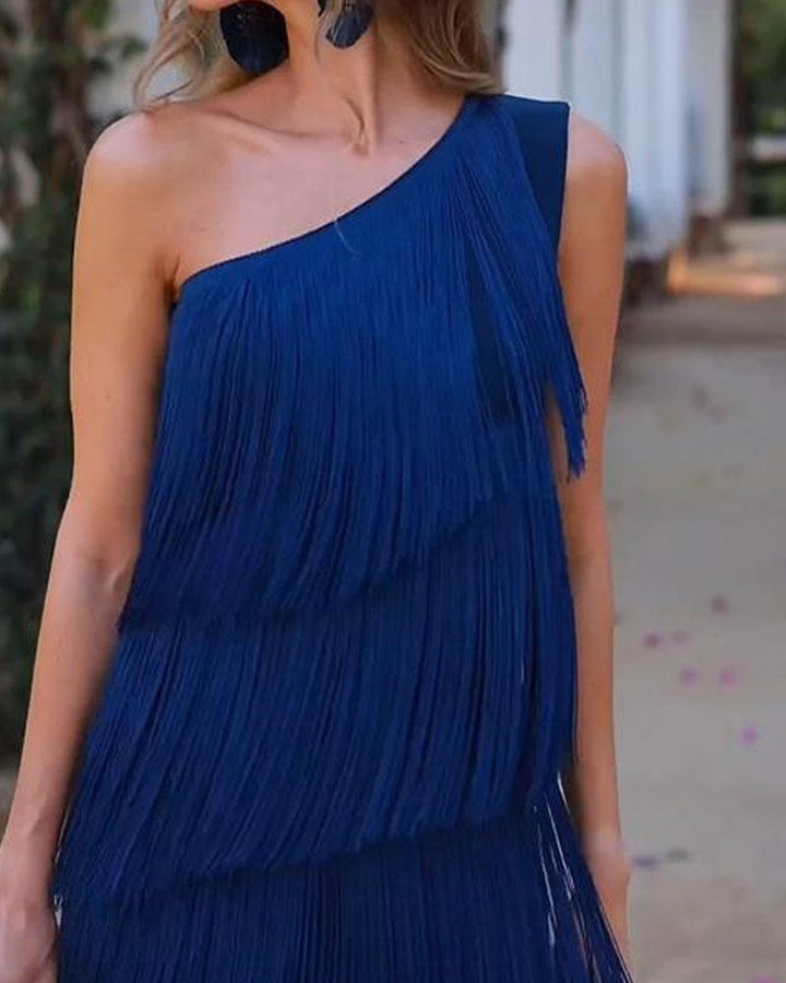 Elegant Maya Dress with Fringes and Off-Shoulder - Elena Harper