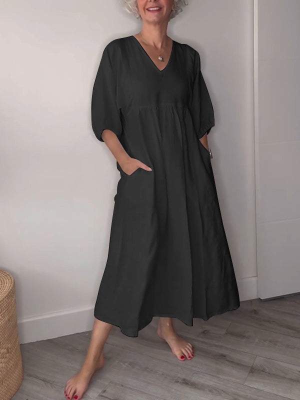 Eeva Casual Midi Dress with V-Neck and Pockets - Elena Harper