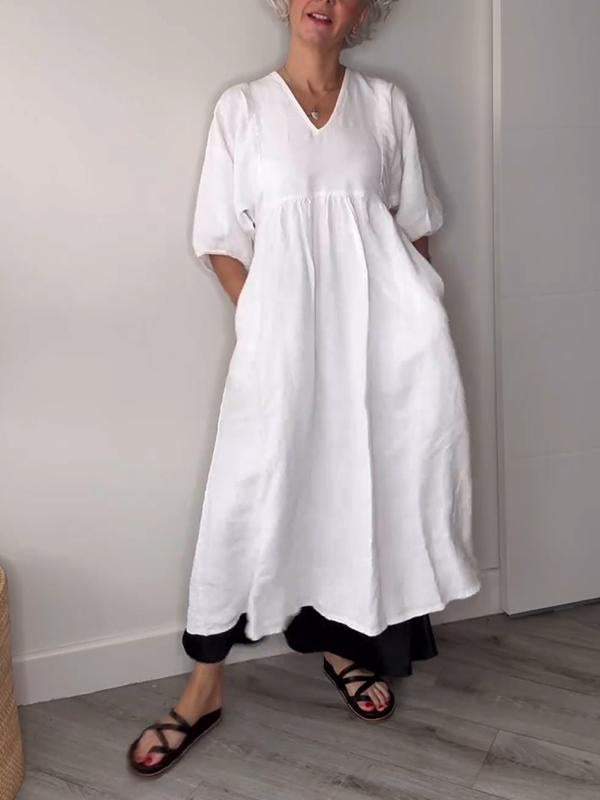 Eeva Casual Midi Dress with V-Neck and Pockets - Elena Harper