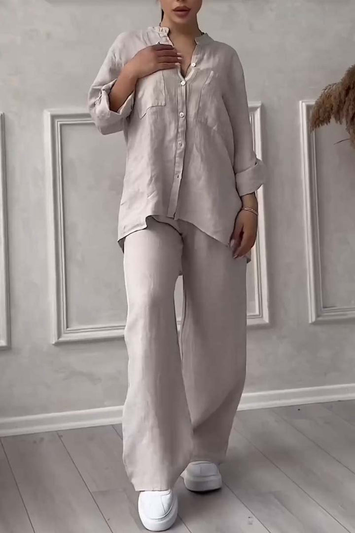 Fara Luxe Cotton & Linen Ensemble Shirt & Trousers Set - Elena Harper