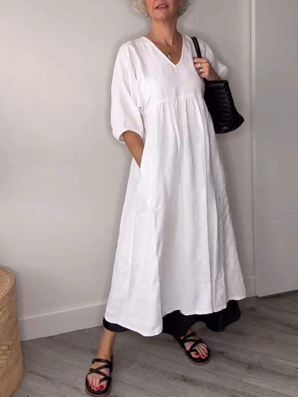 Eeva Casual Midi Dress with V-Neck and Pockets - Elena Harper