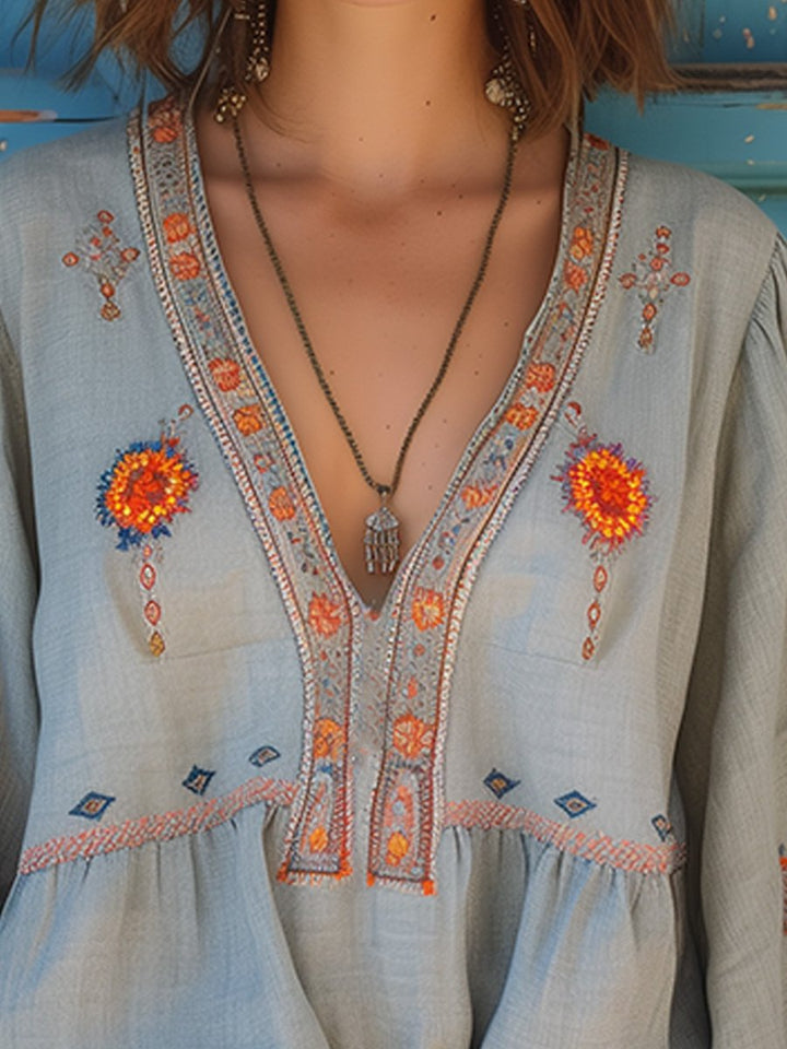 Yvonne Women's Boho Blouse with Embroidery and V-Neck, view 2 - Elena Harper