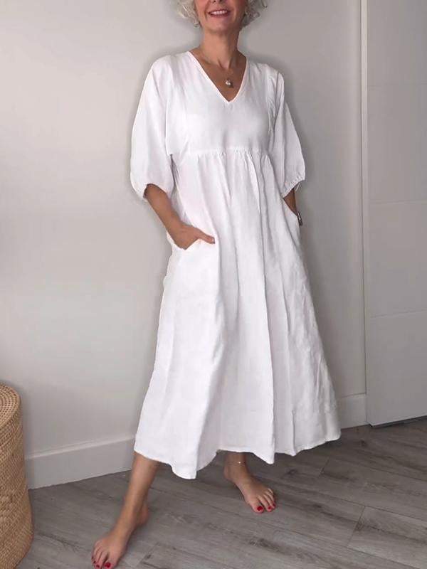 Eeva Casual Midi Dress with V-Neck and Pockets - Elena Harper