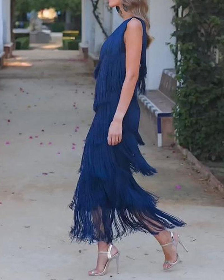 Elegant Maya Dress with Fringes and Off-Shoulder - Elena Harper