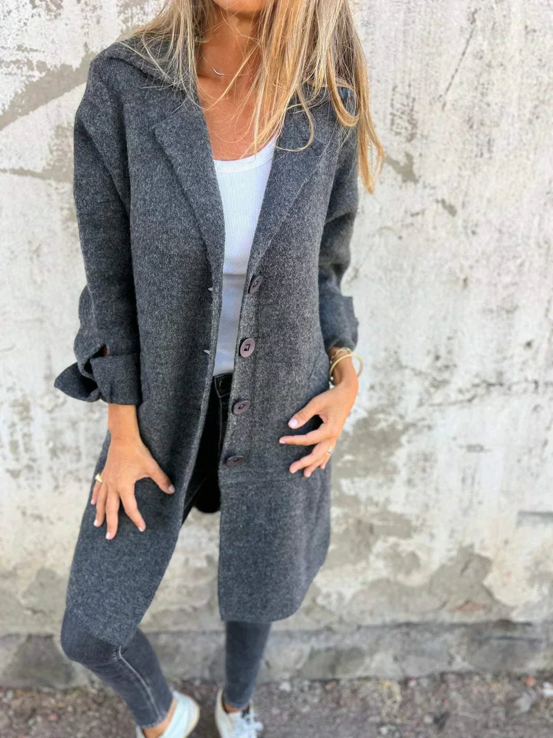 Oversized Women's Tweed Jacket – Chic Buttoned Notched Lapel