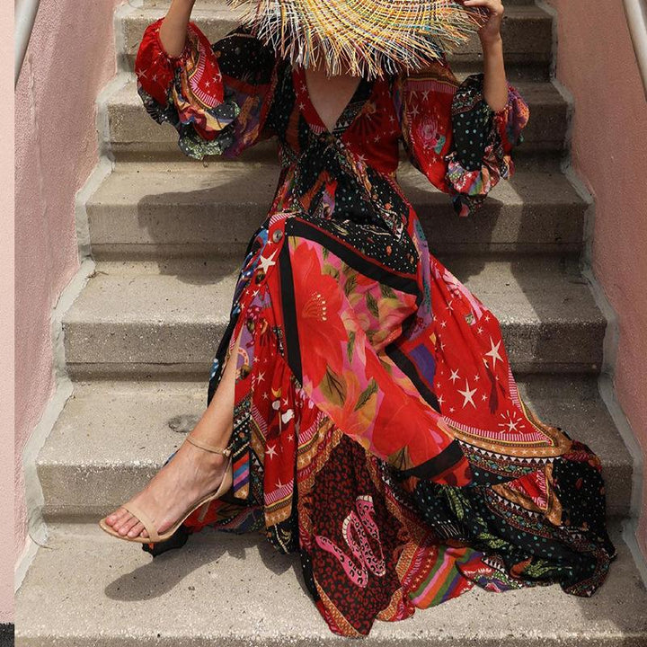 Borisa - Bohemian dress with V-neck and patchwork ruffle