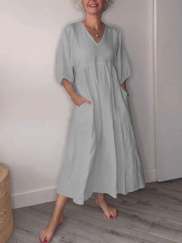 Eeva Casual Midi Dress with V-Neck and Pockets - Elena Harper