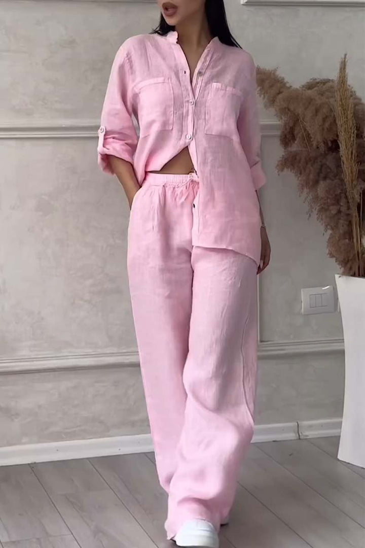 Fara Luxe Cotton & Linen Ensemble Shirt & Trousers Set - Elena Harper