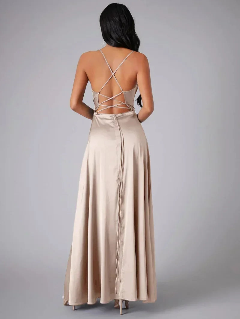 Satin Evening Dress for Women with Open Back and Slit - Elegant and Glamorous