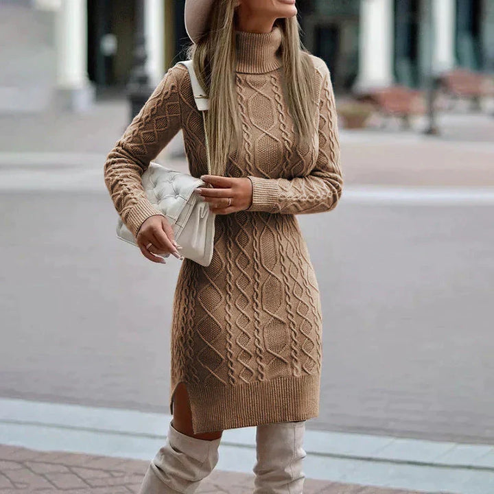 Cable Knit Sweater Dress for Women with Turtleneck