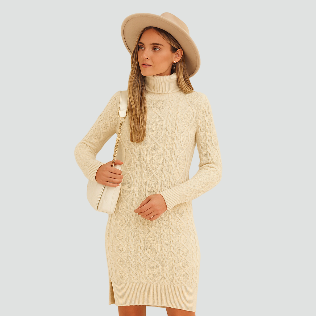 Cable Knit Sweater Dress for Women with Turtleneck