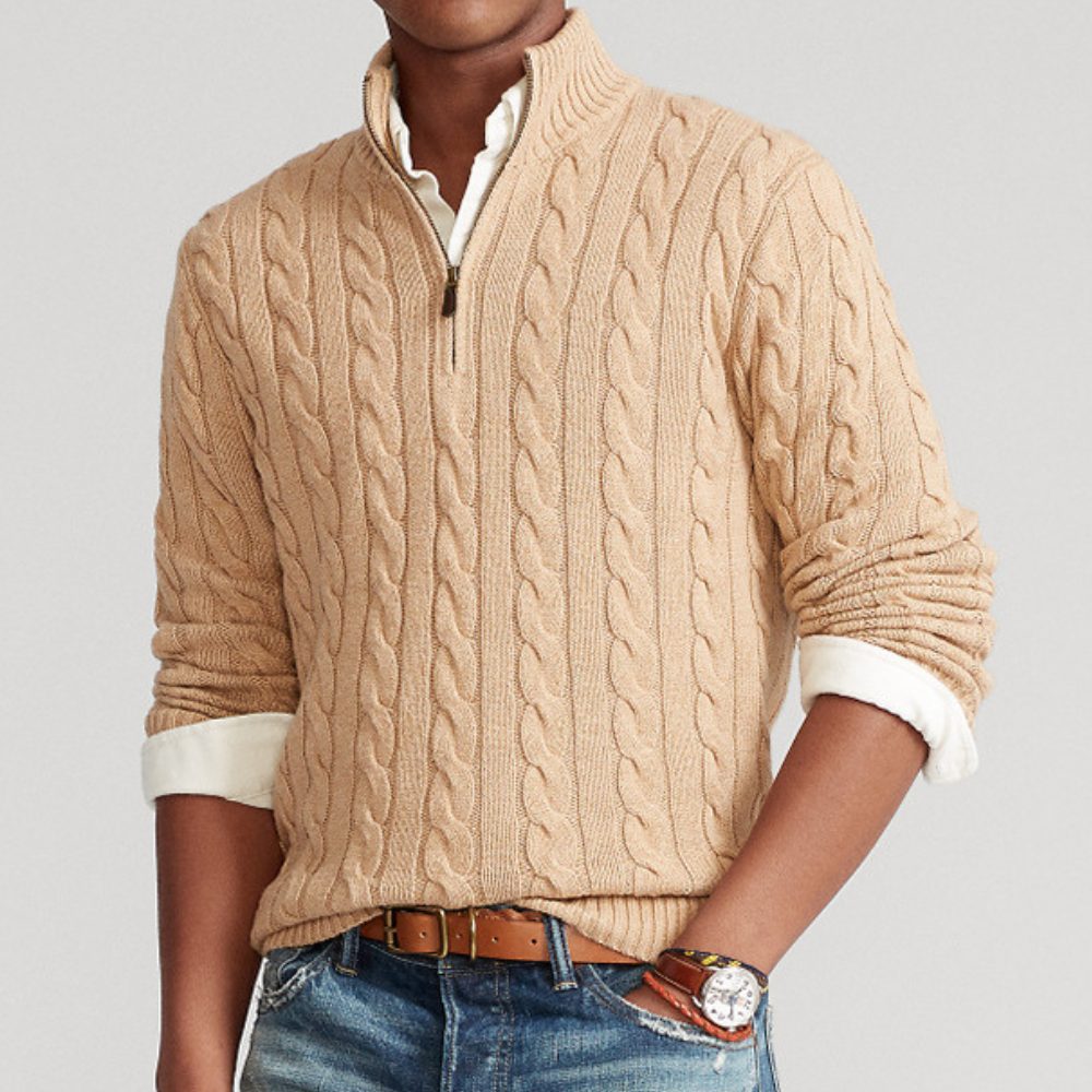 Cable Knit Sweater with Zipper for Men