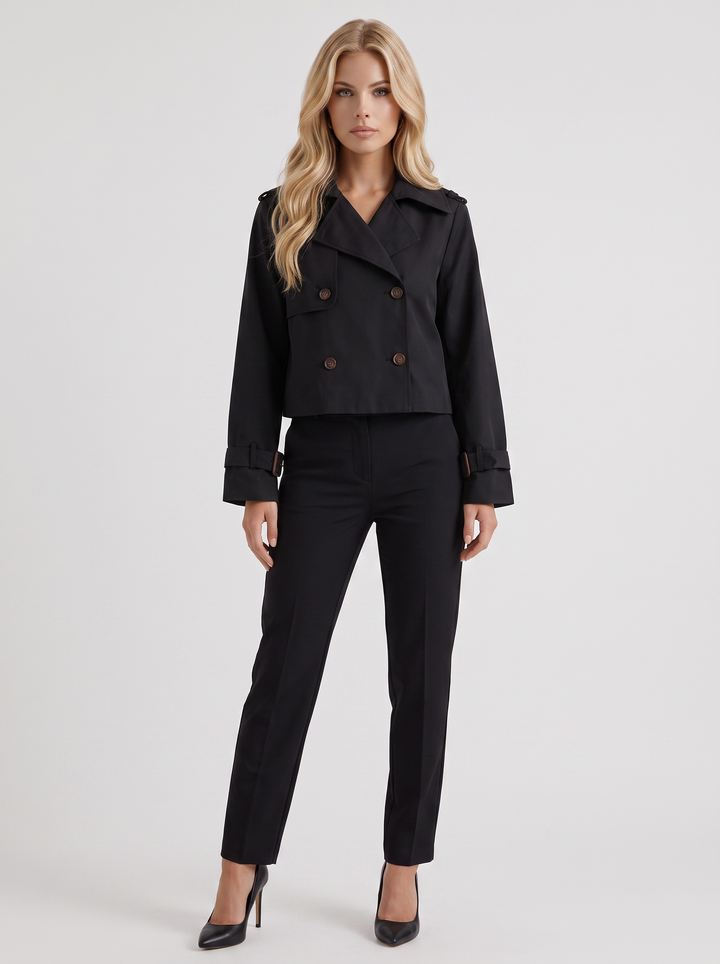 Black Cropped Trench Jacket Double Breasted Autumn