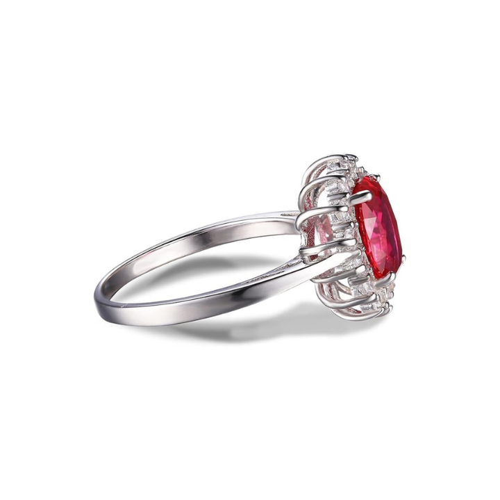 Elegant white gold ring with ruby halo, view 3 - Elena Harper