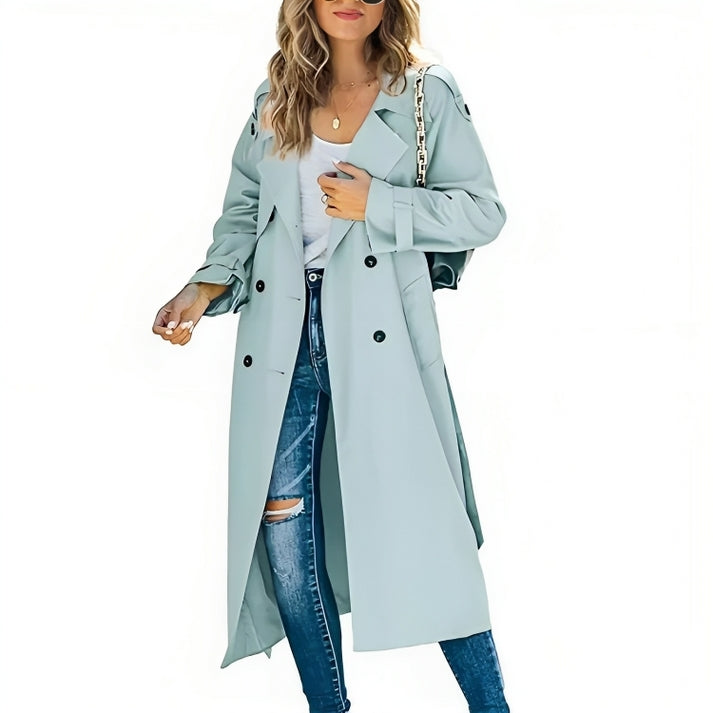 Classic Long Trench Coat with Double Button Row for Women
