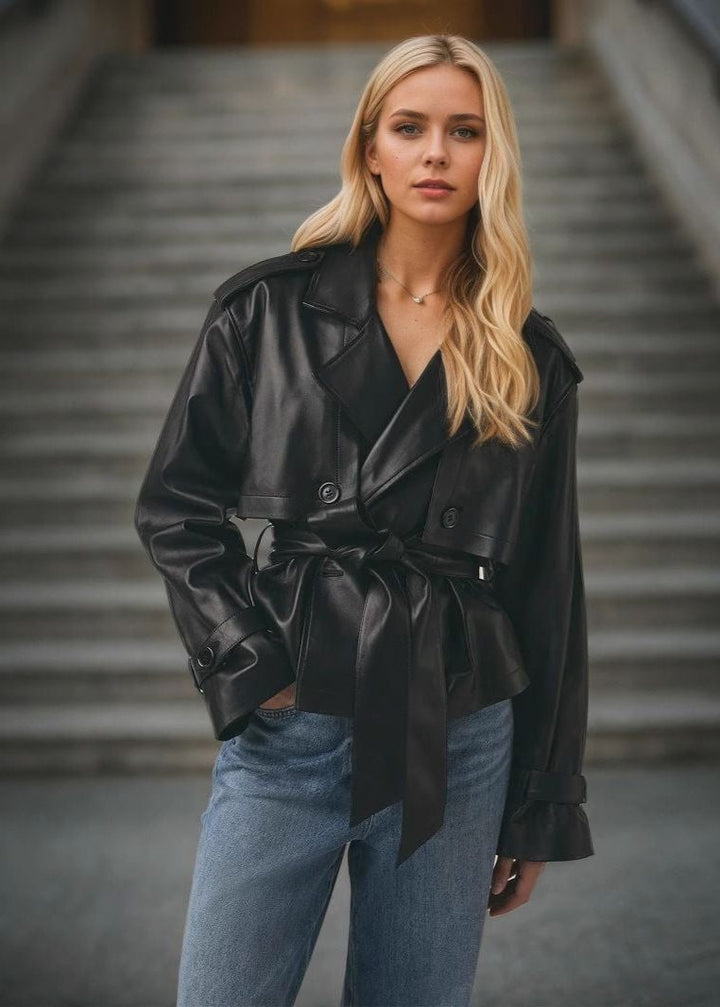 Faux Leather Short Trench Coat for Women