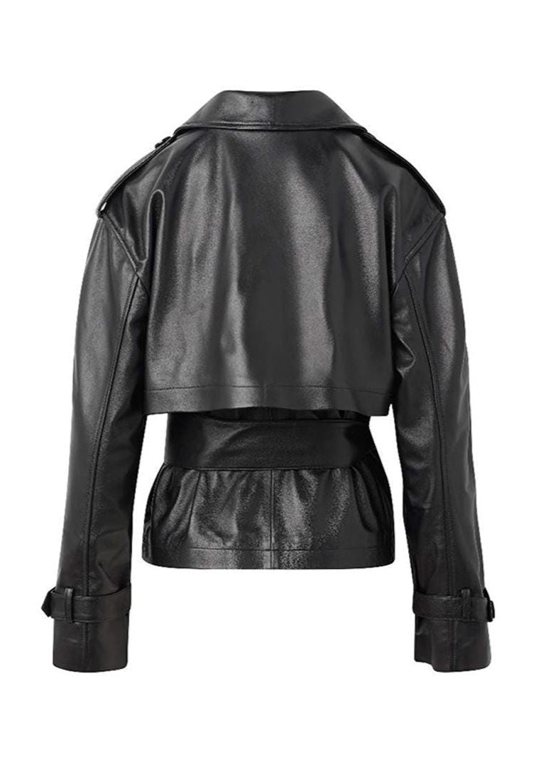 Faux Leather Short Trench Coat for Women
