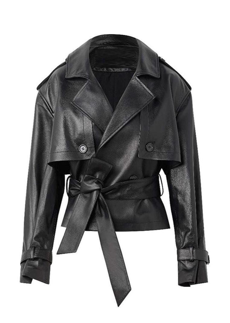 Faux Leather Short Trench Coat for Women