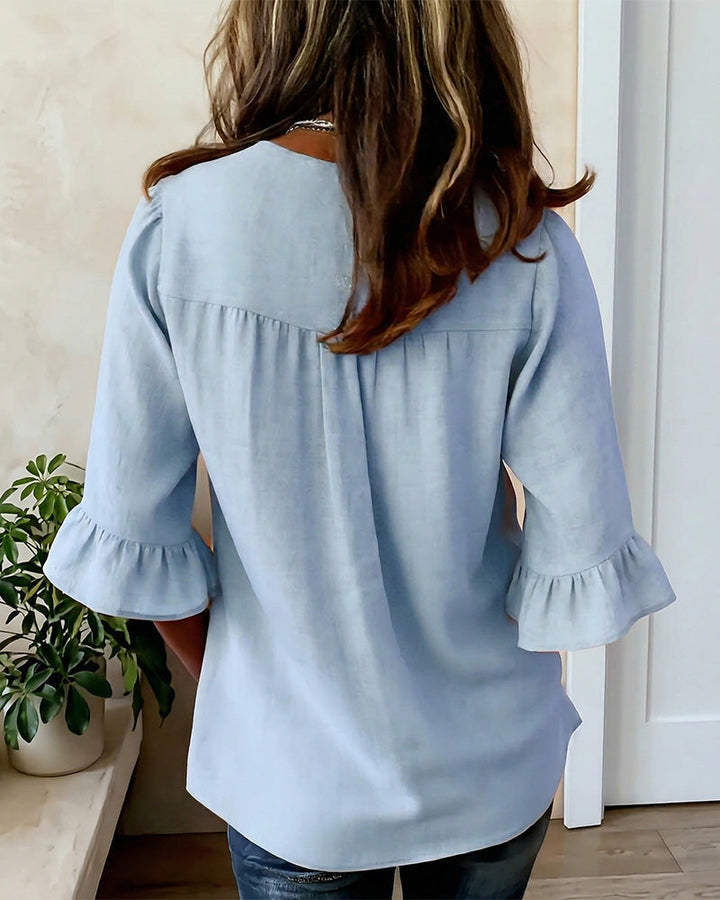 Janet V-Neck Blouse with Wooden Buttons and Ruffled Sleeves - Elena Harper