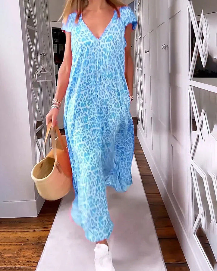 Rosma - Printed Maxi Dress with V-neck and Short Sleeves