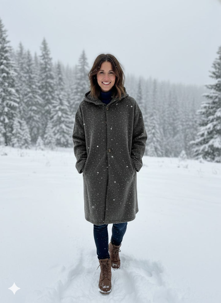 Long Coat with Hood and Button Closure for Women