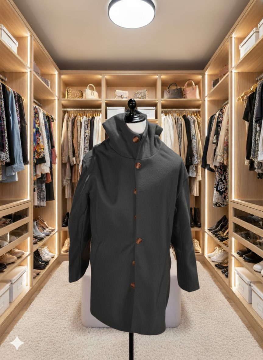 Long Coat with Hood and Button Closure for Women