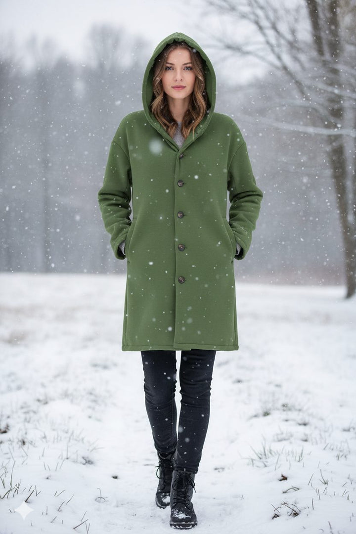 Long Coat with Hood and Button Closure for Women