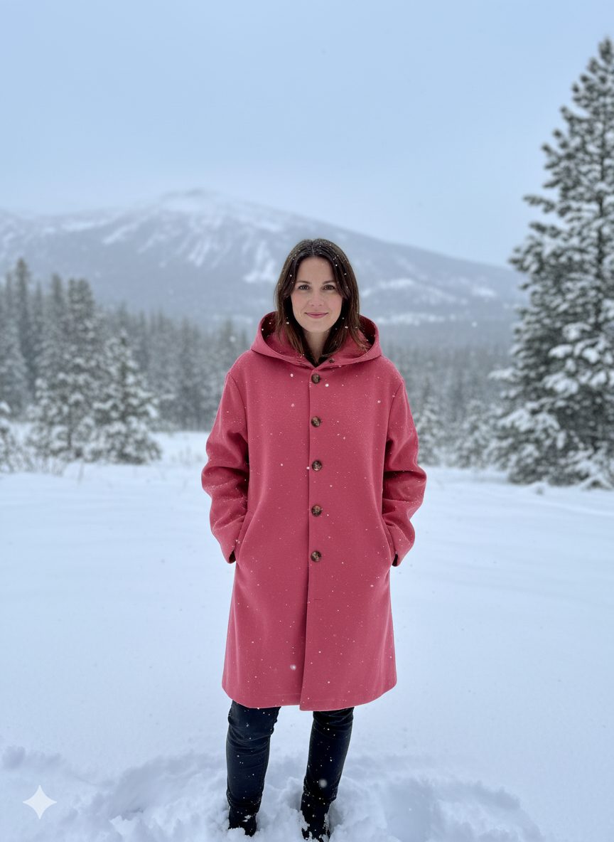 Long Coat with Hood and Button Closure for Women