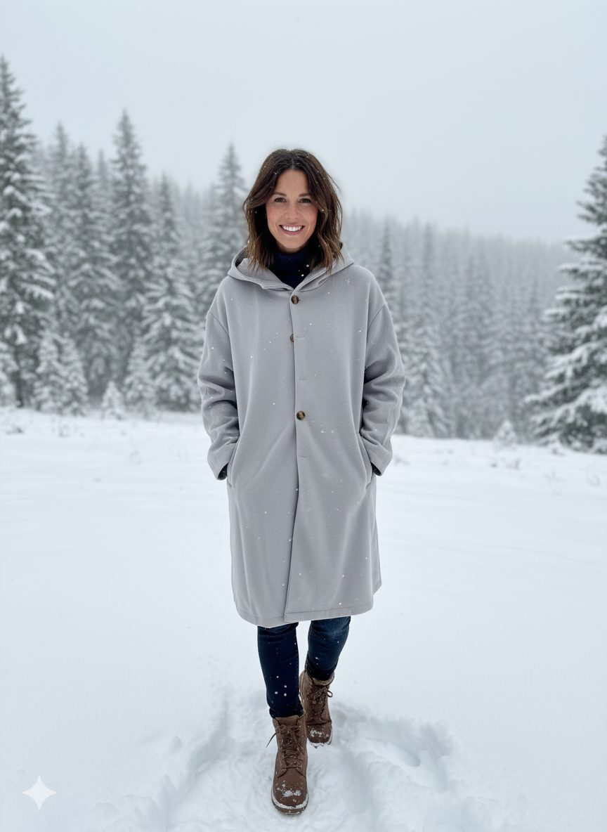 Long Coat with Hood and Button Closure for Women
