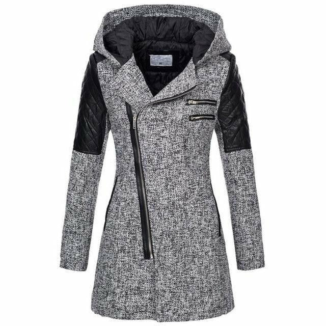Patchwork Long Winter Coat with Hood for Women