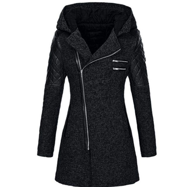 Patchwork Long Winter Coat with Hood for Women