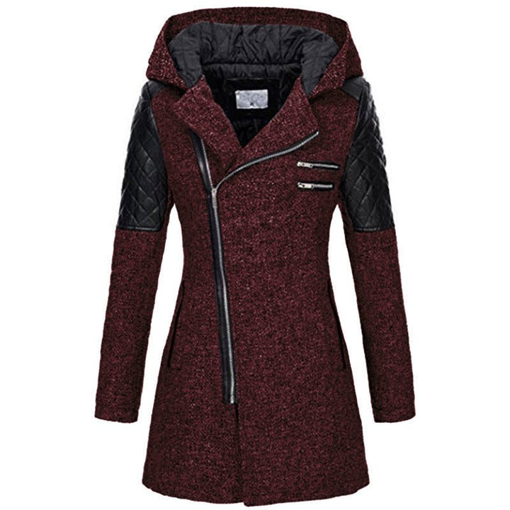 Patchwork Long Winter Coat with Hood for Women