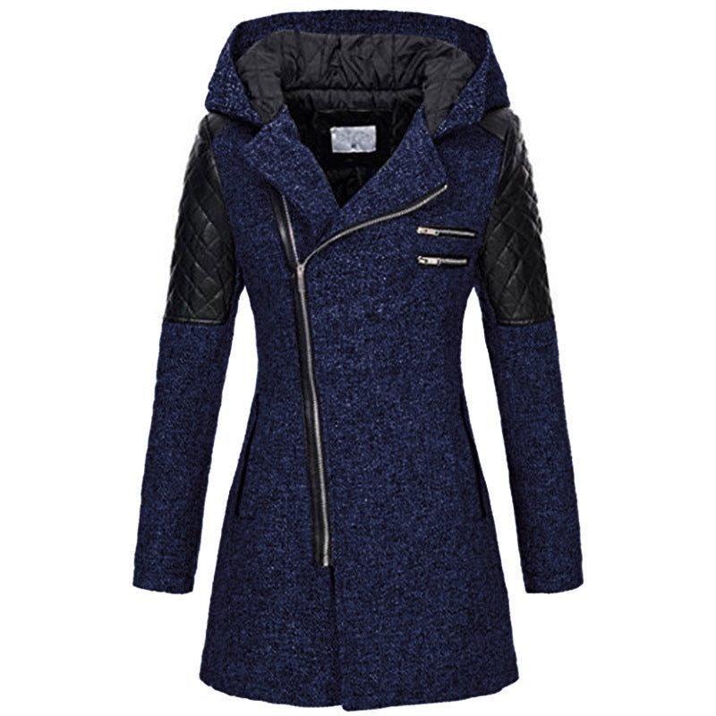 Patchwork Long Winter Coat with Hood for Women