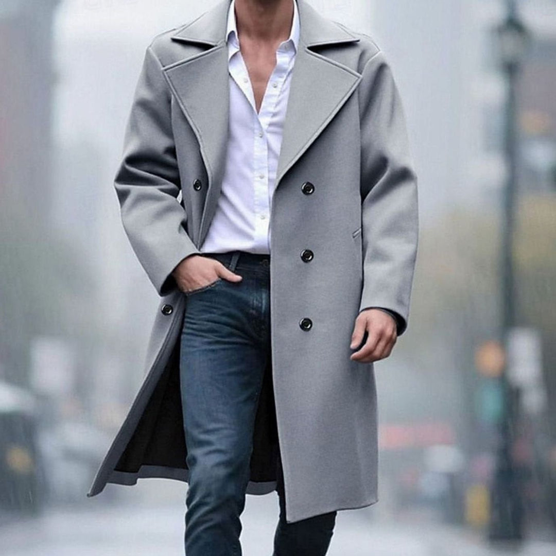 Long Wool Coat with Double Button Closure for Men