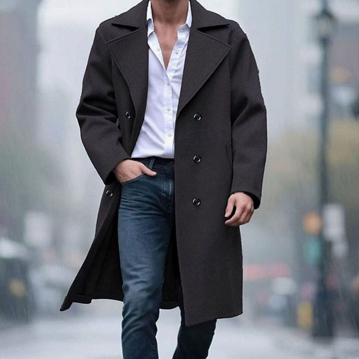 Long Wool Coat with Double Button Closure for Men