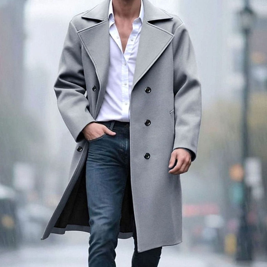 Long Wool Coat with Double Button Closure for Men