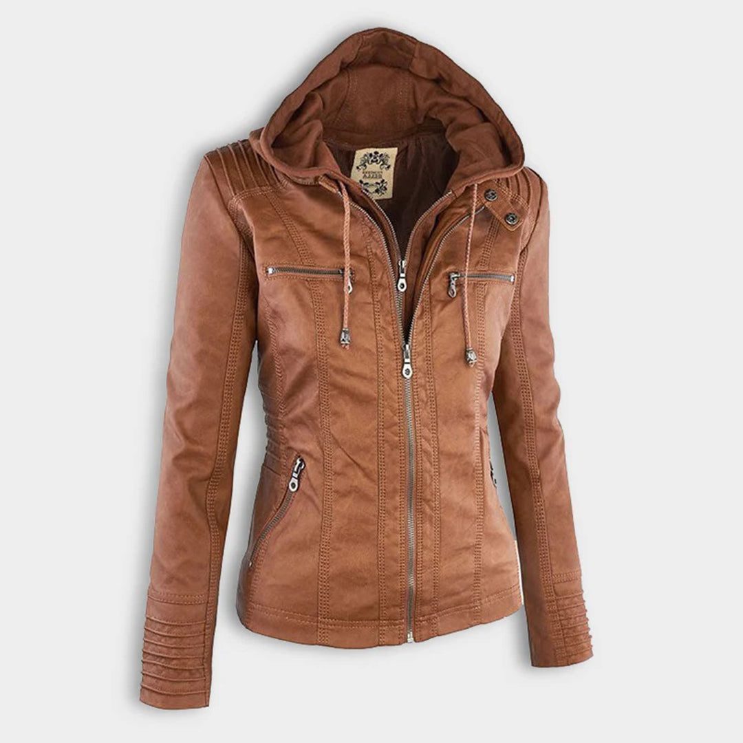 Leather Women's Jacket with Hood and Zipper