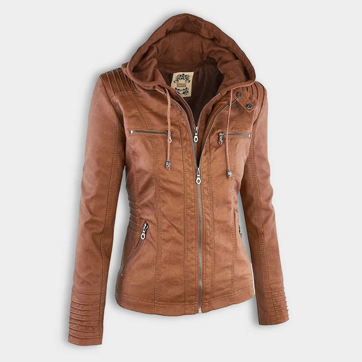 Leather Women's Jacket with Hood and Zipper