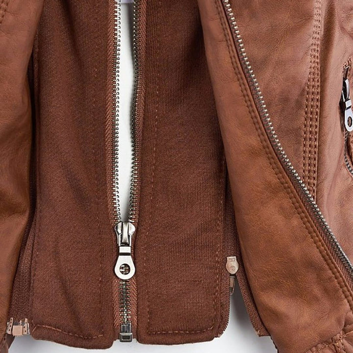Leather Women's Jacket with Hood and Zipper