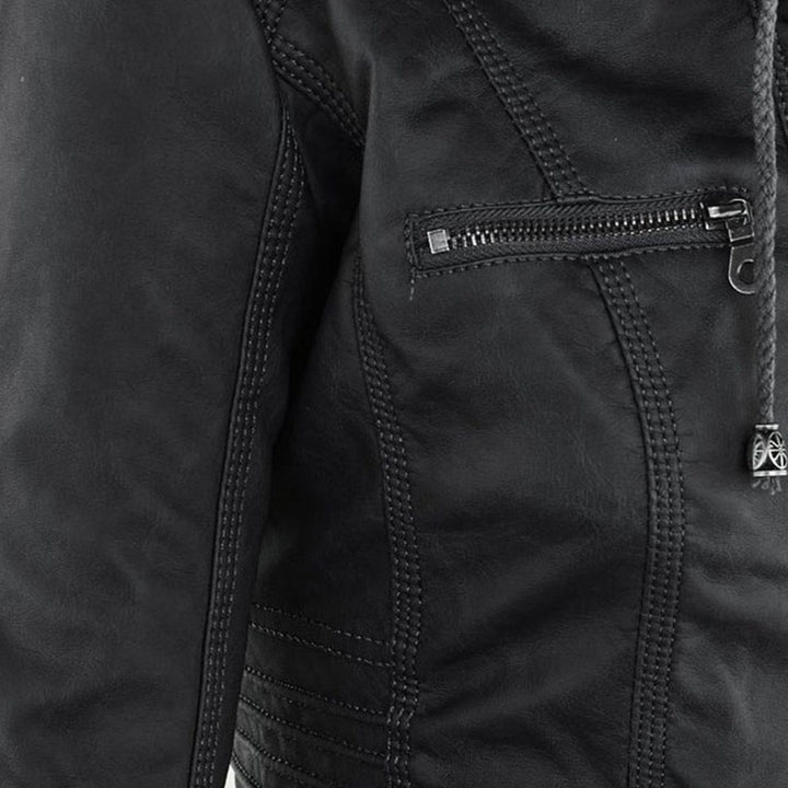 Leather Women's Jacket with Hood and Zipper